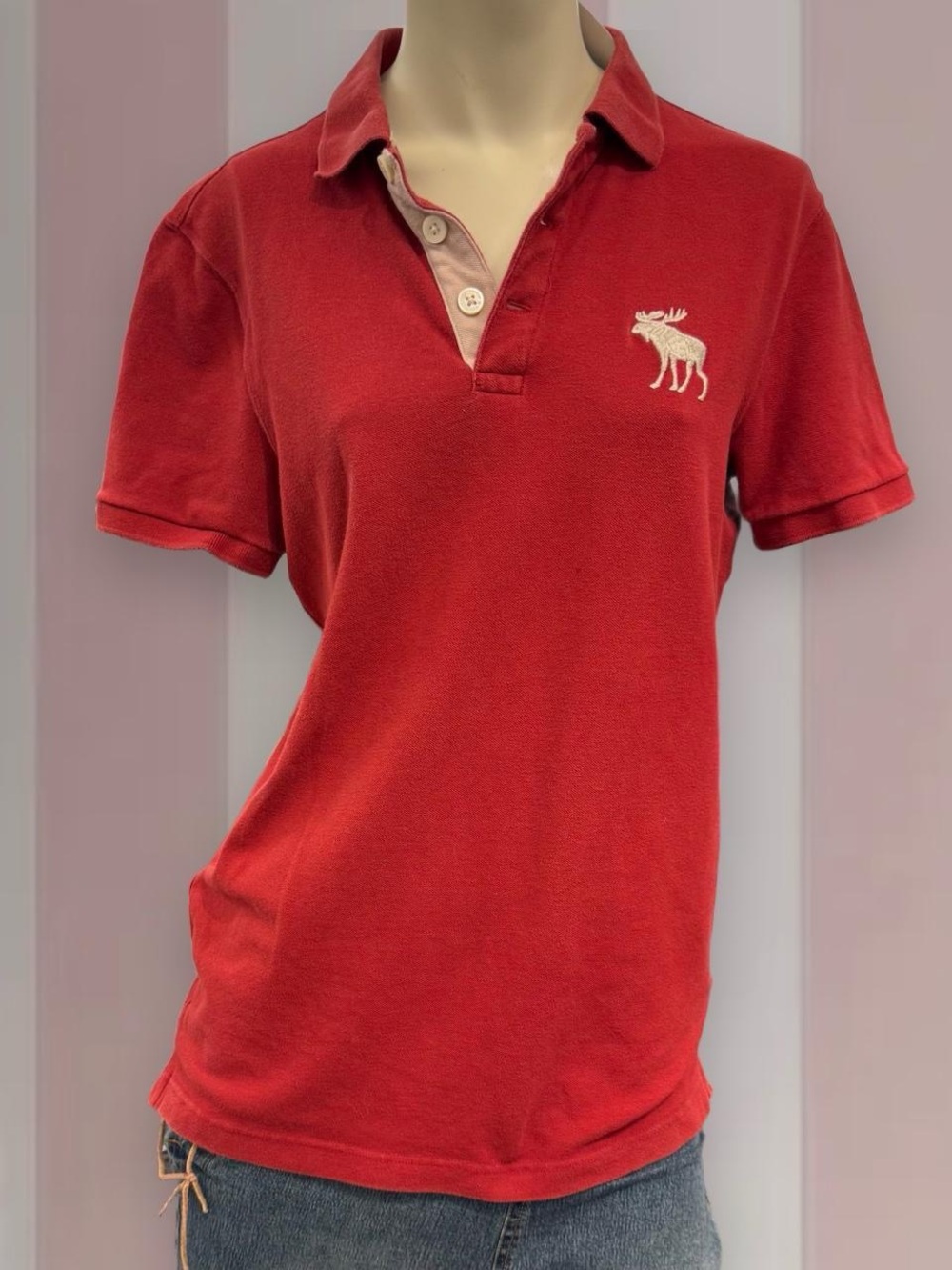 Abercrombie & Fitch red polo shirt with white moose logo